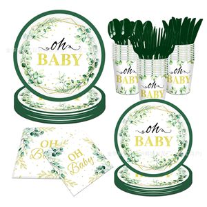 Juego de Vajilla Desechable Oh Baby con Diseño de Hojas de Eucalipto, Kit de Artículos para Fiestas, Platos, Vasos, Servilletas, Cubiertos - Product Image 1