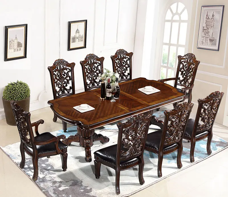 Klasik Amerika gaya Vintage meja makan Set untuk 6 perabot rumah dapat diperpanjang karet Solid meja persegi meja diukir kursi belakang