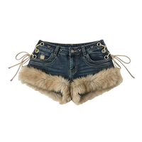 Shorts de mezclilla Y2K para mujer al por mayor, con lavado, ribete de piel sintética, empalmes, cordones, ojales, tiro bajo, mini, estilo streetwear