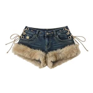 Shorts en jean Y2K délavés pour femme, style Hot Girl, avec bordure en fausse fourrure, empiècements, lacets et œillets, taille basse, mini-short en jean streetwear, vente en gros - Product Image 1