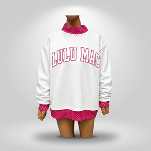 เสื้อสเวตเชิ้ตคอเต่าสีขาวสำหรับผู้หญิง Lulu Mac แต่งลายจุดสีชมพู พิมพ์ตัวอักษร ทรงปกติ สวมใส่สบายสำหรับฤดูใบไม้ร่วง - Product Image 1