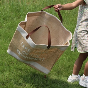 Sac à provisions personnalisé de 16 pouces en coton et lin sac fourre-tout de plage imperméable et réutilisable avec poignée en cuir sac à bandoulière pour femmes pour le voyage - Product Image 6