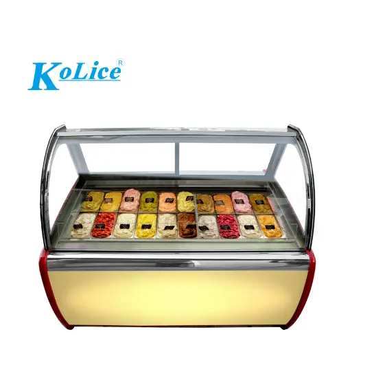 20プレート食品グレード304素材湾曲したスライド式ガラスドアイタリアジェラトハードアイスクリームショーケース冷蔵庫/ディスプレイクーラー
