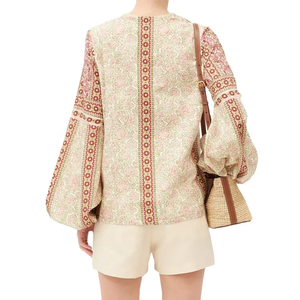 Blusa de manga larga de globo de estilo bohemio para mujer, Top informal de algodón con cordones delanteros y cuello redondo, diseño de estampado de verano tejido - Product Image 2