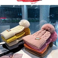Gorro de Invierno de Punto con Pompón de Piel para Mujer, para Banquetes, Actividades al Aire Libre, Esquí, Gorro Grueso y Cálido con Pompón