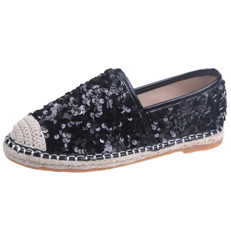 Wholesale woman Sequined Fisherman Shoes Ladies Hemp Straw Loafers Girls Shoe Slip On Glitter Flats Casual Women Shoes