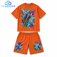 Ensemble streetwear deux pièces pour homme personnalisé, respirant, en mélange de coton tricoté 220g, avec t-shirt à motif libellule métallique et short à cordon de serrage