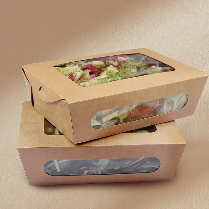 Thân thiện với môi dùng một lần giấy kraft hộp thực phẩm bao bì container lấy đi hộp salad với cửa sổ vật nuôi