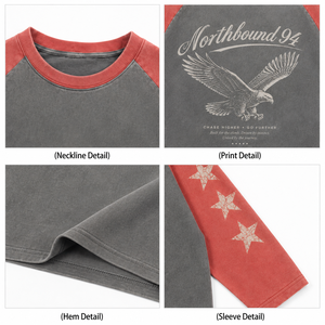 Acid Wash <b>Raglan</b> <b>T</b>-<b>shirt</b> Long <b>Sleeve</b> Contrast 100% Cotton Boxy Fit Tee Eagle Graphic Print Vintage Streetwear Custom Men <b>T</b> <b>Shirt</b> - Product Image 3