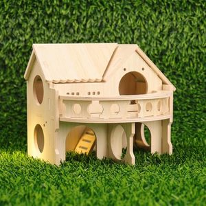 Großer Balkon Kleines & Niedliches Holz-Hamsterhaus mit Balkon - Doppelstöckige Waldhütte für Zwerghamster, Mäuse, Gerbils - Product Image 2