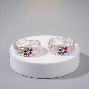 Paire de bagues d'orteil en argent sterling 925 réglables, motif floral Meenakari Bichhiya, bijoux de pied traditionnels indiens, vente en gros pour femmes - Product Image 1