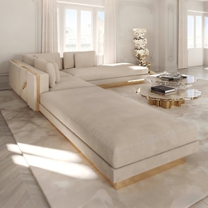 أريكة غرفة معيشة فاخرة على شكل حرف L من الأثاث الإيطالي الفاخر، مصنوعة من قماش النوبوك الفاخر مع تفاصيل نحاسية - Product Image 4