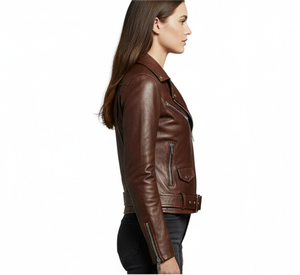 Veste de moto en peau de mouton brune artisanale de qualité supérieure pour femmes avec ceinture à la taille - Product Image 2