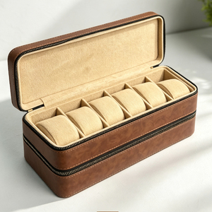 Vintage Brown PU Leather 6 Slots <b>Watch</b> Travel <b>Case</b> Zipper Portable <b>Watch</b> Storage Box Luxury Multi <b>Watch</b> Collector Display box - Product Image 1