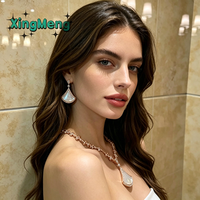 Set Perhiasan XM S411 Berlapis Emas Rose Gold Bentuk Kipas dengan Zirkon Cangkang Putih, Kalung Liontin dan Anting Gantung untuk Hadiah Pernikahan