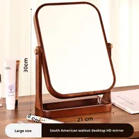 Miroir de maquillage HD rotatif à 360° avec cadre carré en bois de noyer, coins arrondis et plateau de rangement