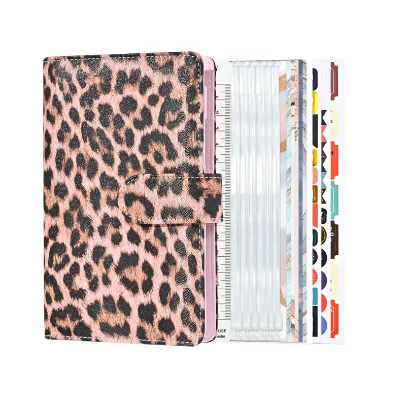 Wholesale Leopard print A6 binders set new styles 6 ring custom money wallet A6 pu leather budget binder with cash envelopes