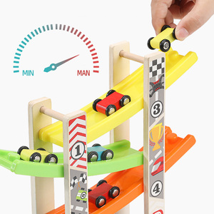 Ramp Car Toy Children Wooden Multi Layer Ramp Race Track Mini Car Inertia Sliding Toy 4 Rail