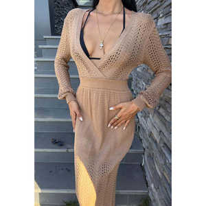 Vestido de punto con cuello en V profundo, ceñido al cuerpo, cintura natural, transpirable, con aberturas, informal y de ocio. - Product Image 2