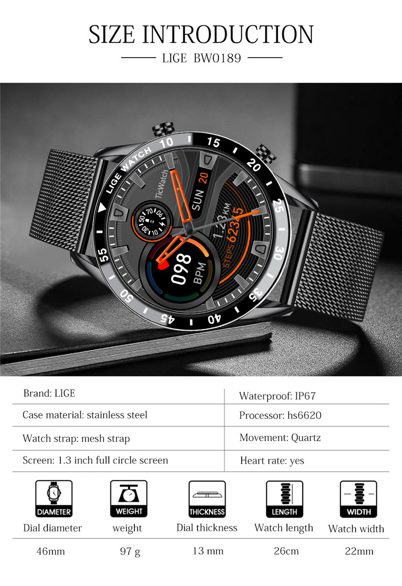 LIGE – montre de fréquence cardiaque pour hommes, bracelet en maille, entièrement tactile, étanche, sport, Fitness, de luxe, pour IOS et Android, 0189