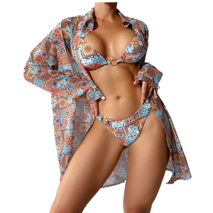 Ensemble de vêtements de plage en polyester et élasthanne à taille haute pour femmes, 3 pièces, maillot de bain extensible, tenue d'été - Product Image 1