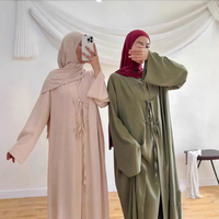 Ensemble deux pièces Abaya décontractée en satin uni, à nouer devant, coupe ample, manches longues, pour femme musulmane, style maxi modeste, kaftan quotidien, robe assortie