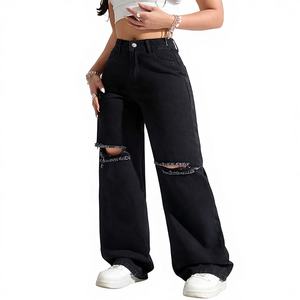Jeans en denim déchiré délavé taille haute pour femme, coupe évasée, style streetwear hip-hop décontracté, baggy, vente en gros OEM - Product Image 1