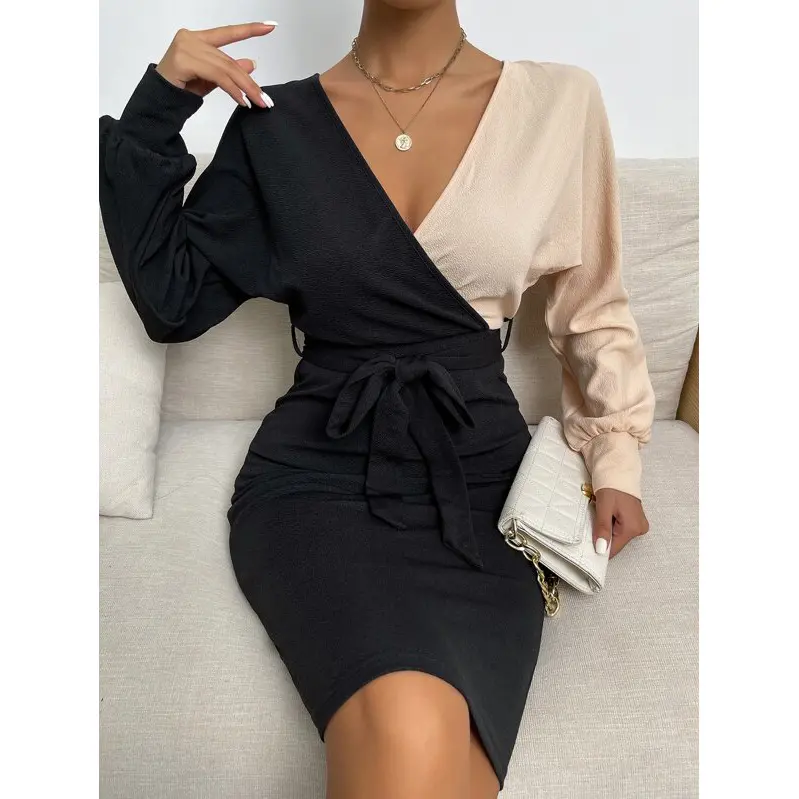 private label long sleeve midi dress woman tops fashionable elegant casual fall V Neck Patchwork dresses for women