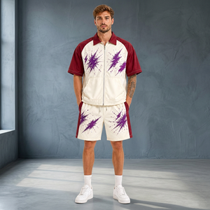 Ensemble de survêtement streetwear pour homme, manches courtes, fermeture éclair sur le devant, imprimé géométrique éclair, polyester respirant, tenue décontractée d'été - Product Image 3