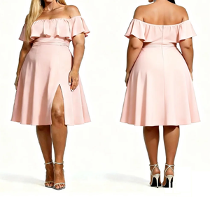 <span class=keywords><strong>Vestido</strong></span> de <span class=keywords><strong>Dama</strong></span> de Honor Talla Grande, <span class=keywords><strong>Color</strong></span> <span class=keywords><strong>Magenta</strong></span>, Hombros Descubiertos, Largo hasta la Rodilla, de Chifón, Formal - Product Image 1