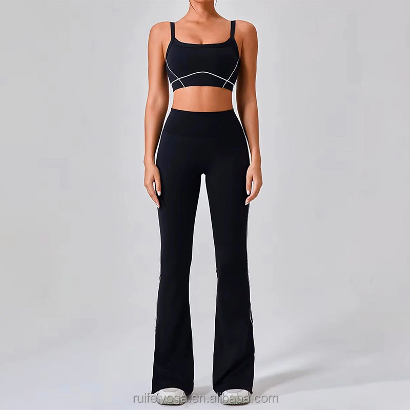 Custom Logo Contrast Side Stripe High Waist Gym Fitness Flared Leggings and Sports Bra Workout Pilates 2 Piece Women Yoga Sets