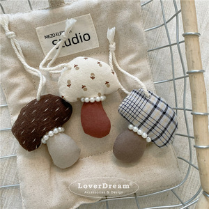 Artisan Fabric Mushroom Keychain Linen Plaid Toadstool Pendant with Pearls Cotton <b>Cord</b> Lanyard Car Purse <b>Bag</b> Charm Factory - Product Image 2