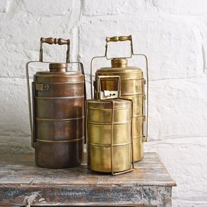 Sturdy brass tiffin <b>box</b> with leakproof locking system ensuring meals stay warm fresh and separated while carrying to office - Product Image 5