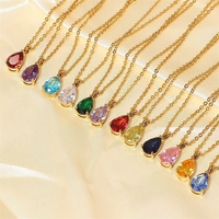 Simple Collier Pendentif Pierre de Naissance en Forme de Goutte en Acier Inoxydable Plaqué Or 18K, Zircon de Couleur et Titane pour Femme