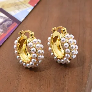 Temperament Long Needle C Shape Hoop Earrings 18K Gold Plated Brass Rhinestone Full Pearl Inlay Chunky Stud Earrings