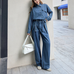 <span class=keywords><strong>Pantalon</strong></span> Ballon en Jean Plissé <span class=keywords><strong>Taille</strong></span> Haute pour <span class=keywords><strong>Femme</strong></span>, Coupe Ample, Bleu Vintage, avec Ceinture – Jean Décontracté de Créateur Haut de Gamme pour Dames - Product Image 1