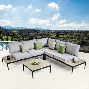 Barato moderno en forma de L Patio Lounge sofá muebles jardín al aire libre madera de teca seccional aluminio sofá conjunto en <span class=keywords><strong>venta</strong></span> - Product Image 1