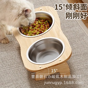 ขาตั้งชามอาหารแมวไม้ทรงโค้ง ชามเดี่ยว/คู่ สำหรับวางจานอาหารแมว - Product Image 4
