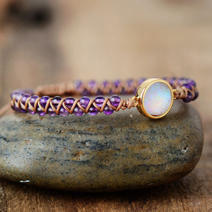 Amethyst <b>Opal</b> Double Layer Woven <b>Bracelet</b> Bohemian Style Gift Jewelry Zinc Alloy Bezel Setting Irregular Circle Design - Product Image 2