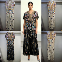 Robe kaftan noire de luxe, brodée à la main de fleurs colorées, col en V, manches chauve-souris, robe de soirée pour mariage, fête du Ramadan