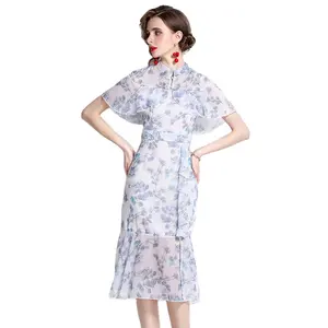 Robe Cheongsam imprimé Floral, Cape, mi-longue, nouvelle tendance