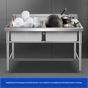 Commerciële dubbele roestvrijstalen multifunctionele verdeelbak voor het wassen van groenten voor hotelkantines en keukens. - Product Image 3