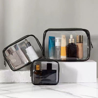 Petite pochette zippée en PVC avec logo personnalisé Grands sacs à cosmétiques portables étanches Trousse de maquillage de voyage transparente de beauté noire