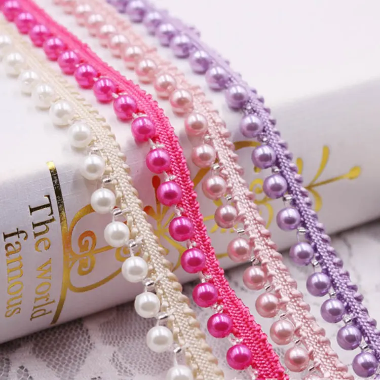 classic style 0.7cm size single row 6mm colorful pearl beaded lace for ladies apparel