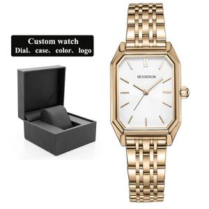 Montre-bracelet personnalisée avec logo privé pour femmes, boîtier rectangulaire carré, bracelet en acier inoxydable argent/or, montre à quartz pour femmes - Product Image 1