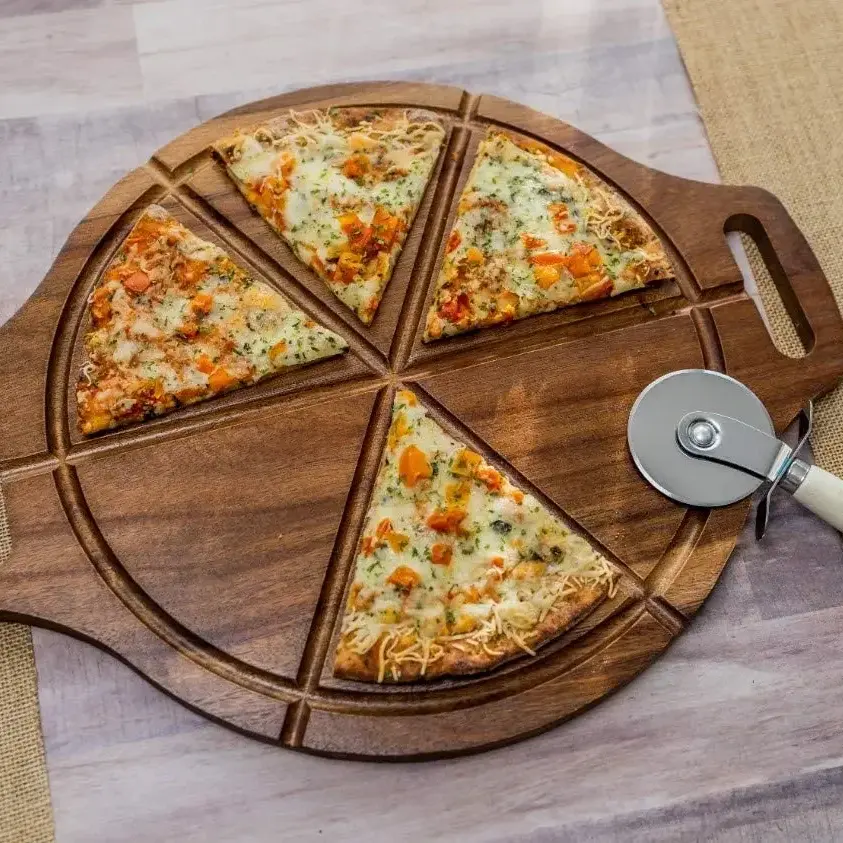 Tự Nhiên 16 Inch Keo Gỗ Bánh Pizza Hội Đồng Quản Trị Thiết Lập Với Tay Cầm & Cắt Hội Đồng Quản Trị Với Rãnh Vòng Bánh Pizza Bằng Gỗ Phục Vụ Ray