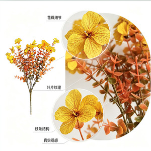 Bouquet d'automne artificiel en eucalyptus jaune et orange, décoration d'intérieur, ornement de table, arrangement floral pour ameublement doux - Product Image 1