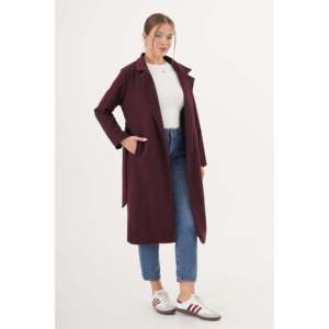Abrigo de lana para mujer color borgoña, manga larga con cinturón, abrigo cálido para invierno - Product Image 5