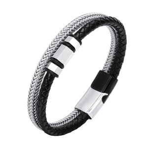 Bracelet unisexe en cuir avec boucle magnétique, chaîne tressée simple en acier inoxydable plaqué argent - Product Image 1