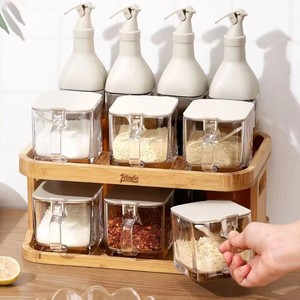 Estante de especias de madera Bingo de 2 niveles con almacenamiento hermético para especias y condimentos de cocina - Product Image 1